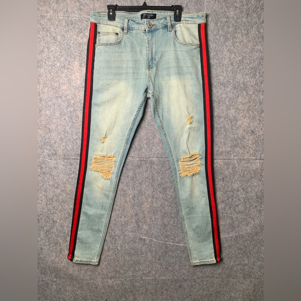 Serenede Men’s Size 38 Light Wash Distressed‎ Slim Straight Leg Jeans Red Stripe